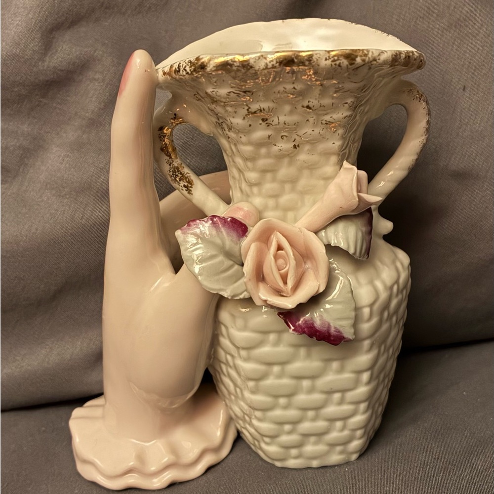 Vintage Ceramic Vase with Hand and Rose Design